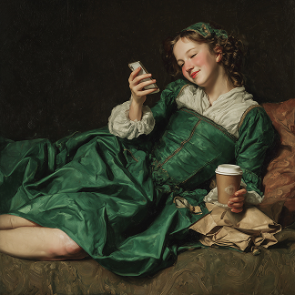 GPT Image 1.5 AI画像生成 — 温かな室内でスマートフォンを使う女性のクラシック油絵